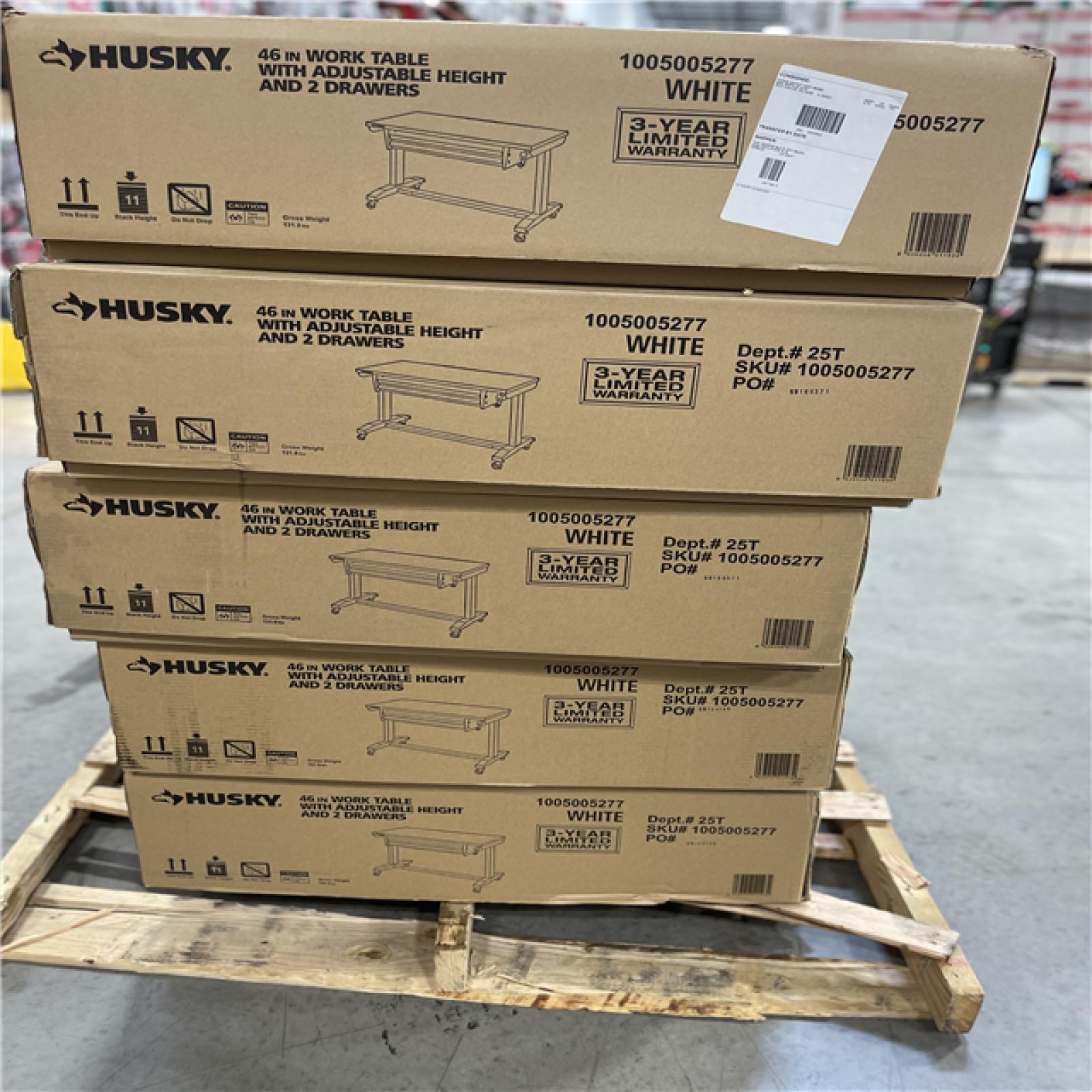 DALLAS LOCATION -Husky 46 in. W x 24 in. D 2-Drawer Adjustable Height White Worktable with Solid Wood Top PALLET-(5 UNITS)