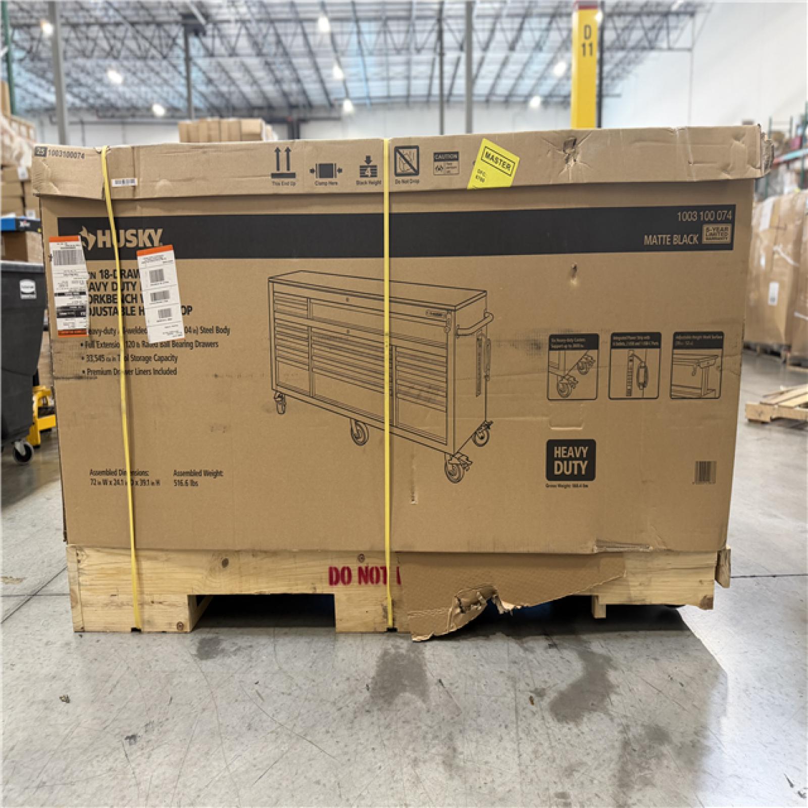 DALLAS LOCATION - Husky 72 in. W x 24 in. D Heavy Duty 18-Drawer Mobile Workbench Cabinet with Adjustable-Height Hardwood Top in Matte Black