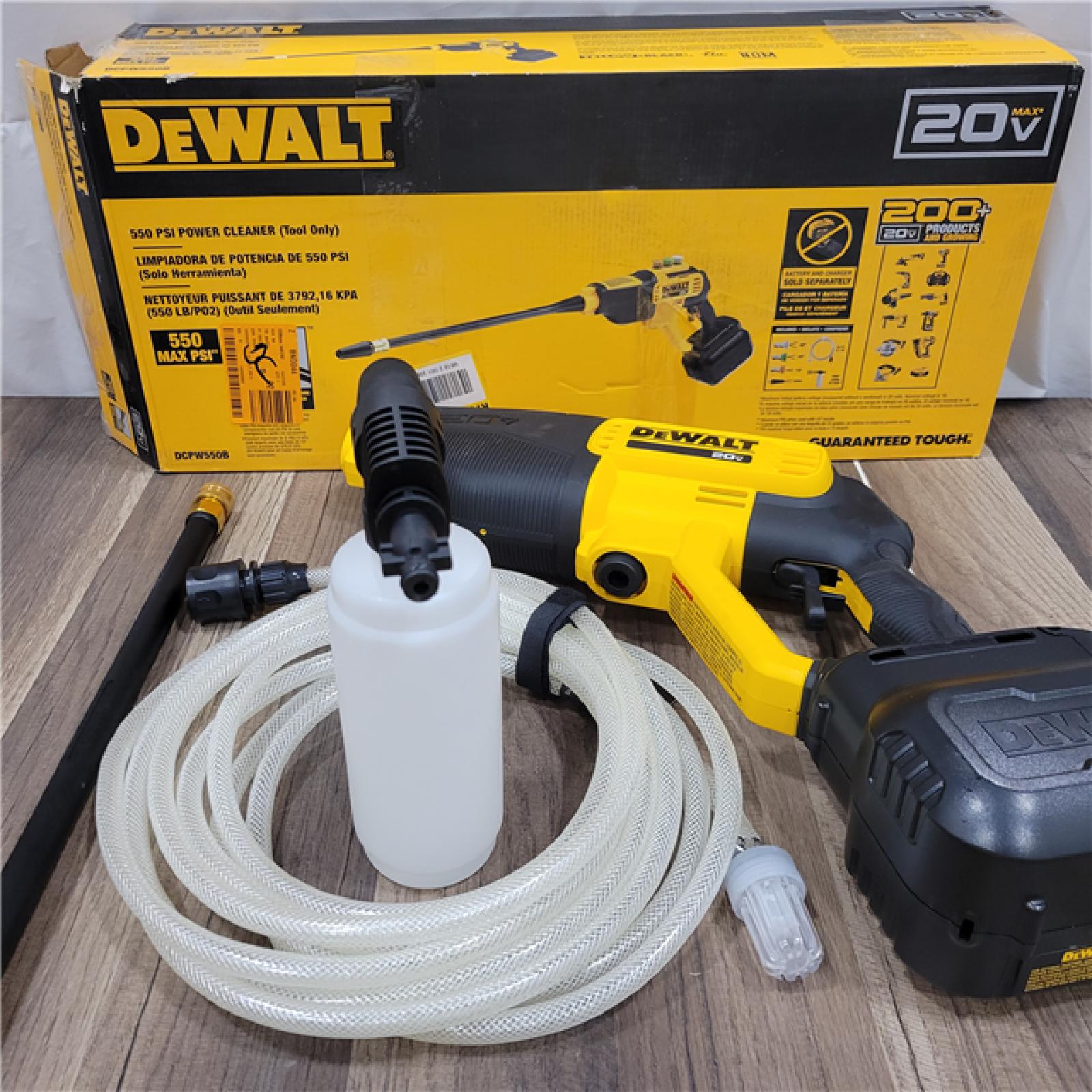 AS-IS DEWALT  20V 550 PSI  1 GPM Cordless Power Cleaner W/ 4 Nozzles Tool-Only DCPW550B