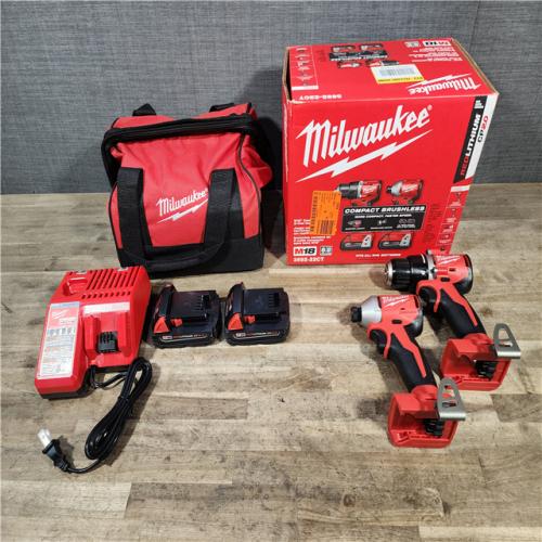 HOUSTON LOCATION - AS-IS Milwaukee M18 18V Lithium-Ion Brushless Cordless Compact Drill/Impact Combo Kit (2-Tool) W/(2) 2.0 Ah Batteries  Charger & Bag