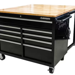 DALLAS LOCATION-  HUSKY 46 in. W x 51 in. D Mobile Workbench Cabinet  W/ Full Length Extension Table (GLOSS BLACK/WOOD TOP)