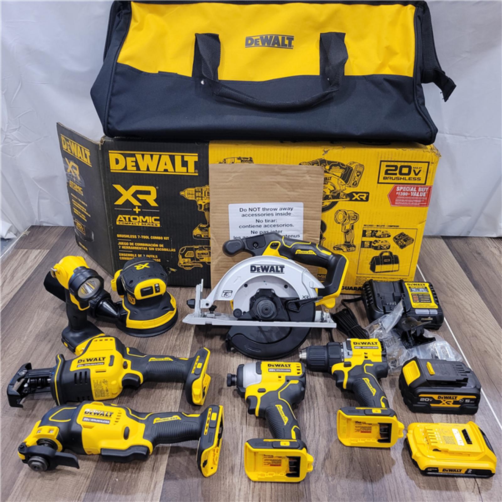 AS-IS DEWALT 20-Volt MAX Lithium-Ion Cordless 7-Tool Combo Kit with 2.0 Ah Battery, 5.0 Ah Battery and Charger