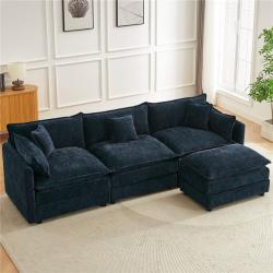 Phoenix AS-IS GOJANE 112.2 in. Square Arm L-Shaped Chenille Deluxe Pillow-Styled Modular Sectional Sofa in. Blue with 1 Ottoman