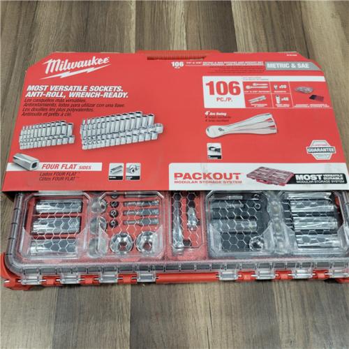 AS-IS Milwaukee 106-Piece 1/4 and 3/8 Metric & SAE Ratchet and Socket Set with PACKOUT Low-Profile Organizer