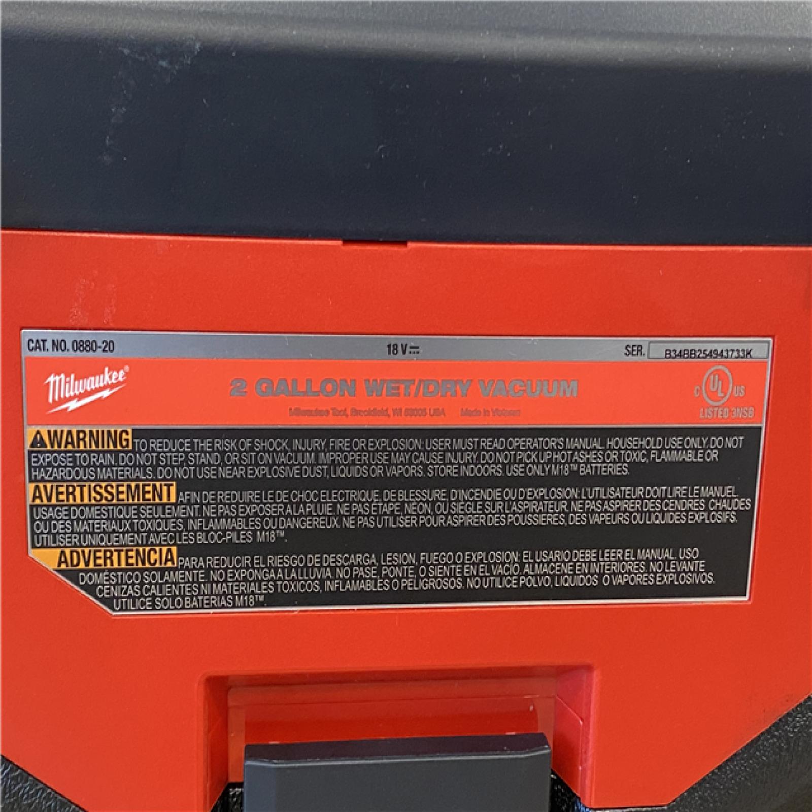 AS-IS Milwaukee 18-Volt 2 Gal. Lithium-Ion Cordless Wet/Dry Vacuum (Vacuum-Only)