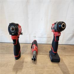 AS-IS- M12 FUEL 12V Lithium-Ion Cordless Drill Driver  Impact Wrench  and Ratchet Combo Kit (3-Tool) W/Batteries  Charger & Bag