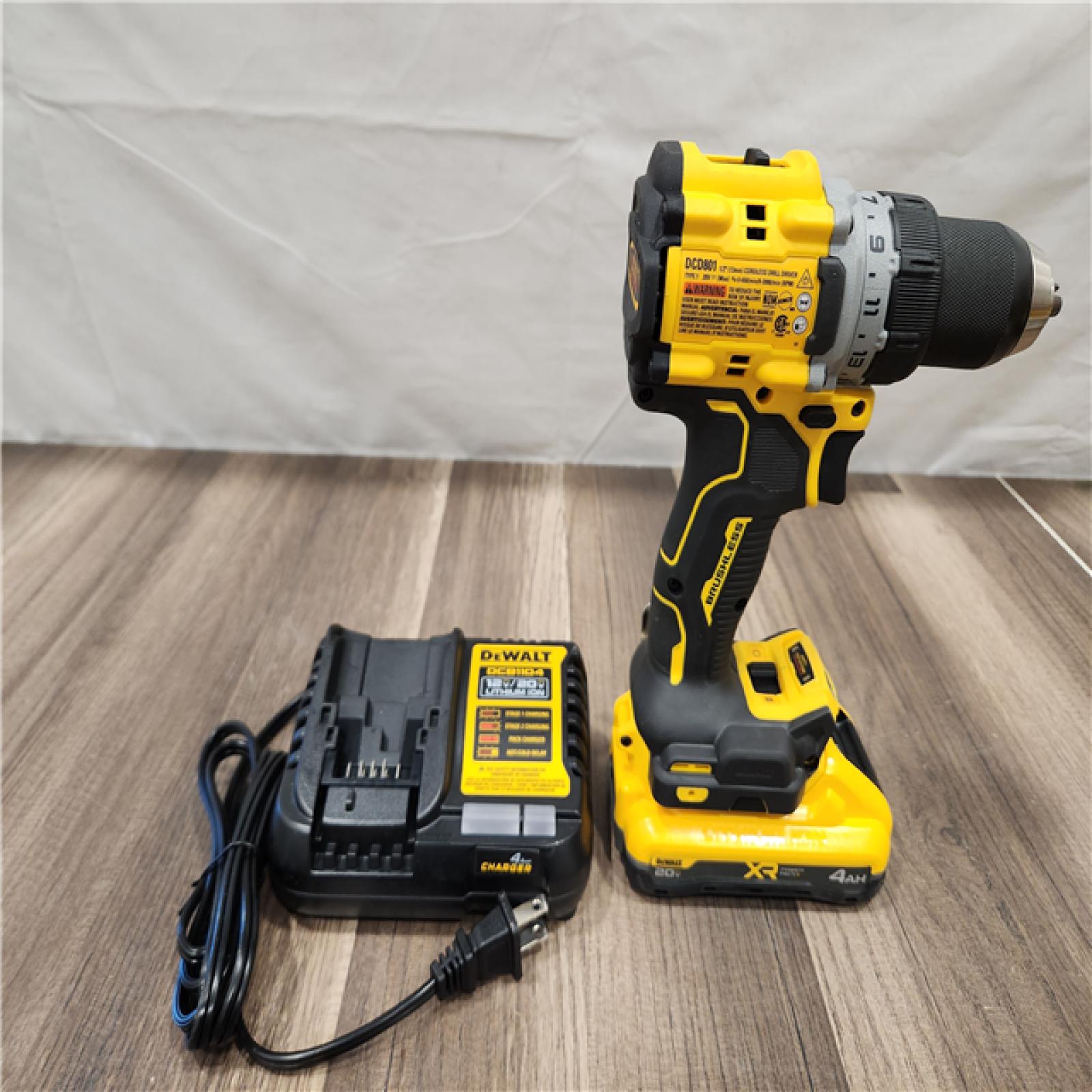 AS-IS- DeWalt 20V XR Lithium-Ion Cordless Brushless 1/2 in. Drill/Driver Kit with (1) 4.0 Ah Batteries and Charger