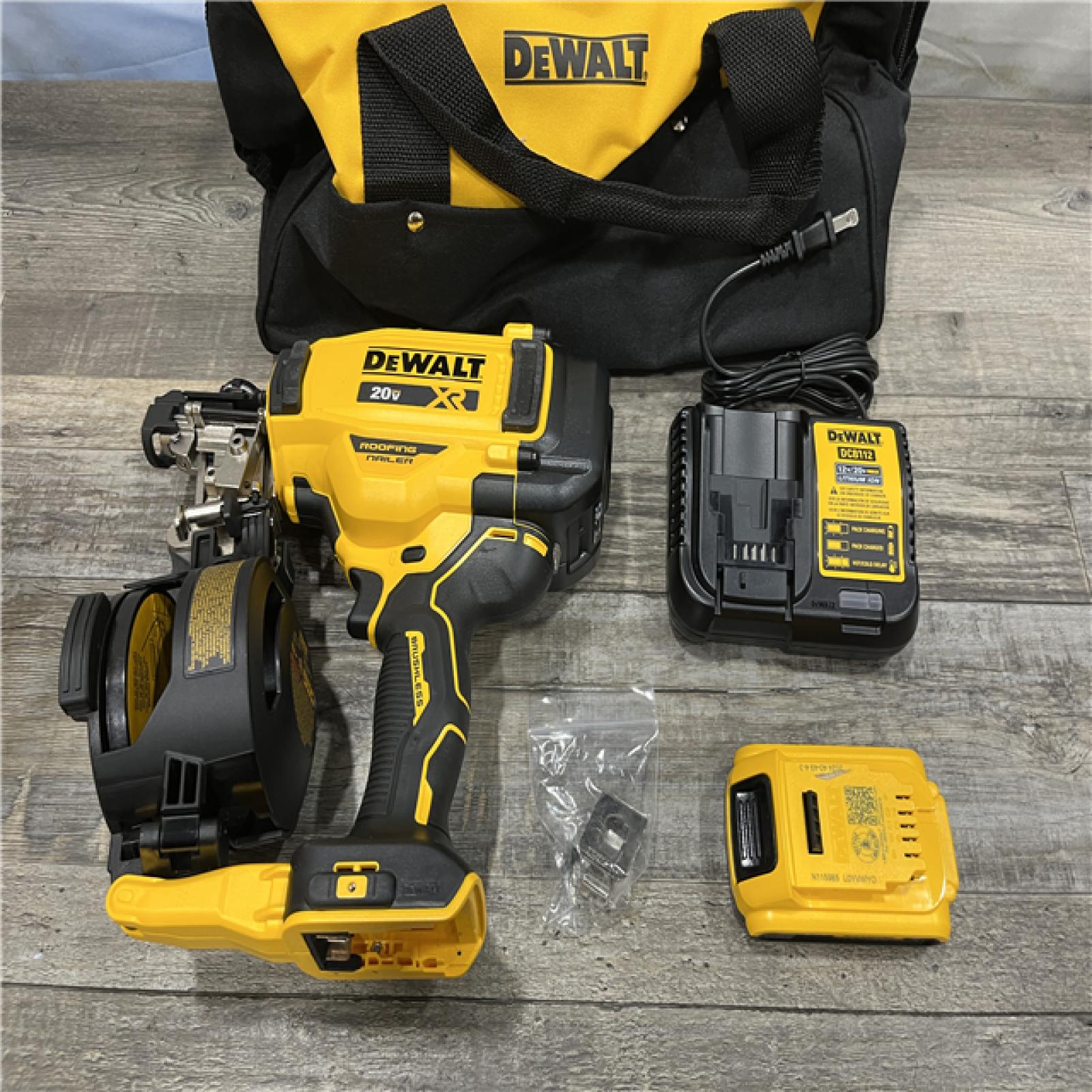 AS-IS DEWALT 20V MAX Lithium-Ion 15-Degree Electric Cordless Roofing Nailer Kit