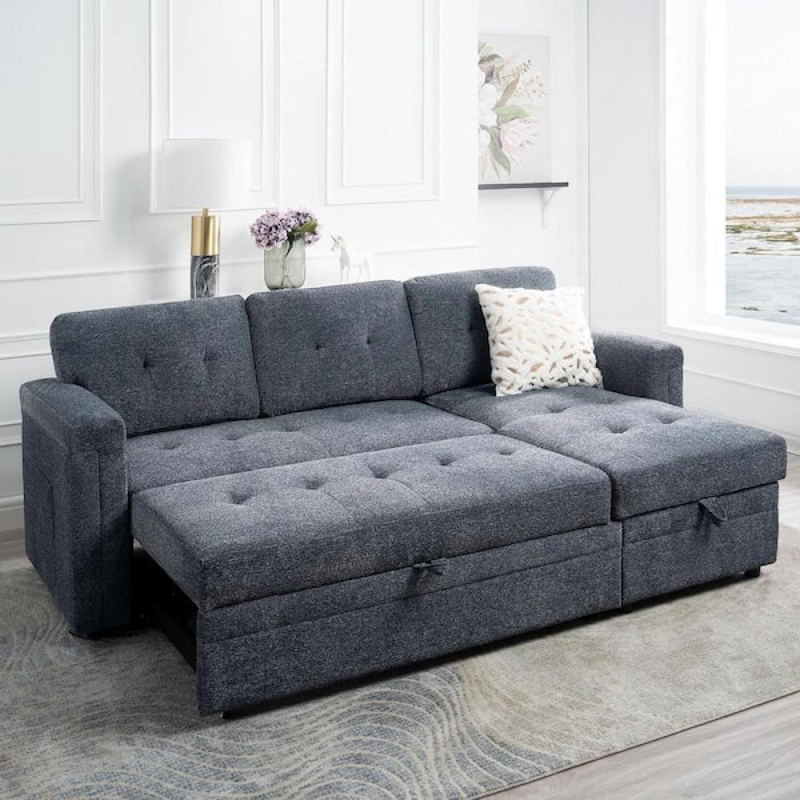 Phoenix NEW HOMESTOCK 84.85 in. Reversible Microfiber Sleeper Sectional Sofa in Gray with Storage and USB Ports