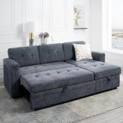 Phoenix NEW HOMESTOCK 84.85 in. Reversible Microfiber Sleeper Sectional Sofa in Gray with Storage and USB Ports