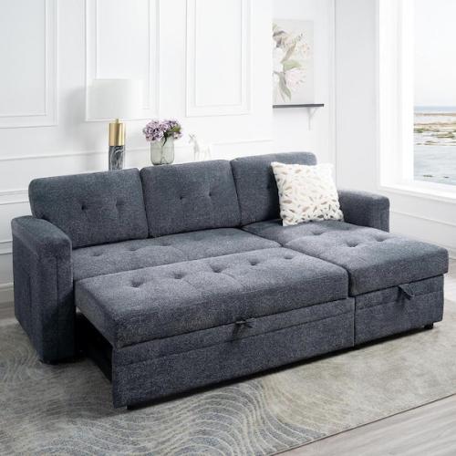 Phoenix NEW HOMESTOCK 84.85 in. Reversible Microfiber Sleeper Sectional Sofa in Gray with Storage and USB Ports
