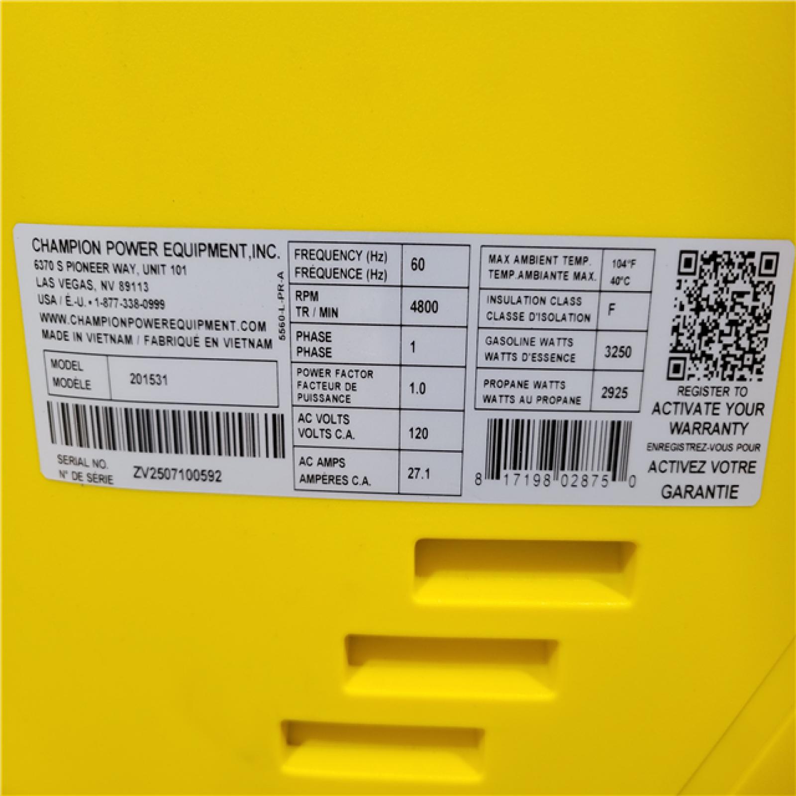 CALIFORNIA AS-IS CHAMPION PORTABLE GENERATOR 4500