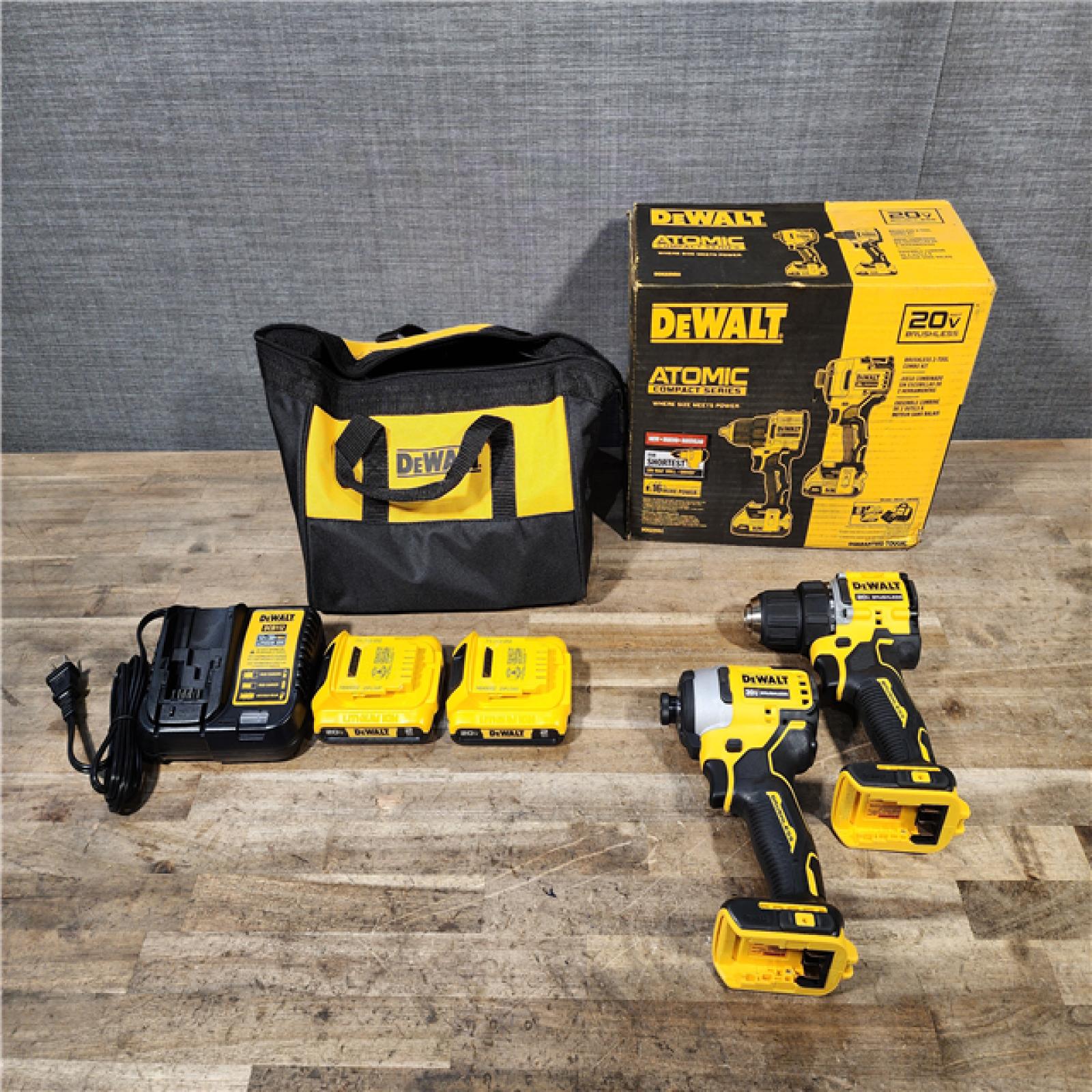 HOUSTON LOCATION - AS-IS Dewalt DCK225D2 20V MAX ATOMIC Brushless Compact Lithium-Ion 1/2 in. Cordless Drill Driver and 1/4 in. Impact Driver Combo Kit with 2 Batteries 2 Ah