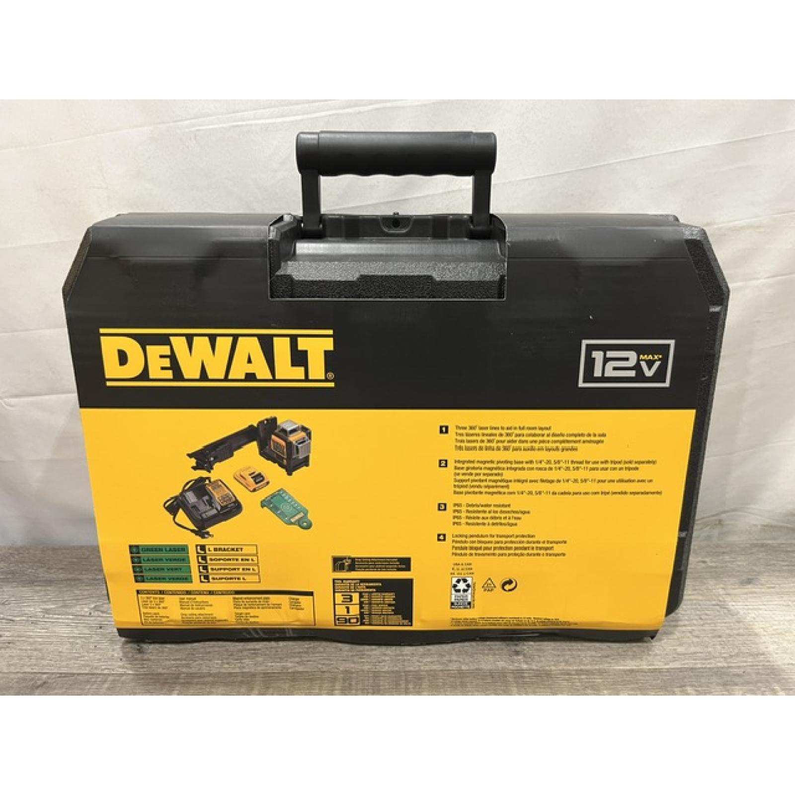 NEW - DEWALT 12V MAX Lithium-Ion 100 ft. Green Self-Leveling 3-Beam 360 Degree Laser Level Kit