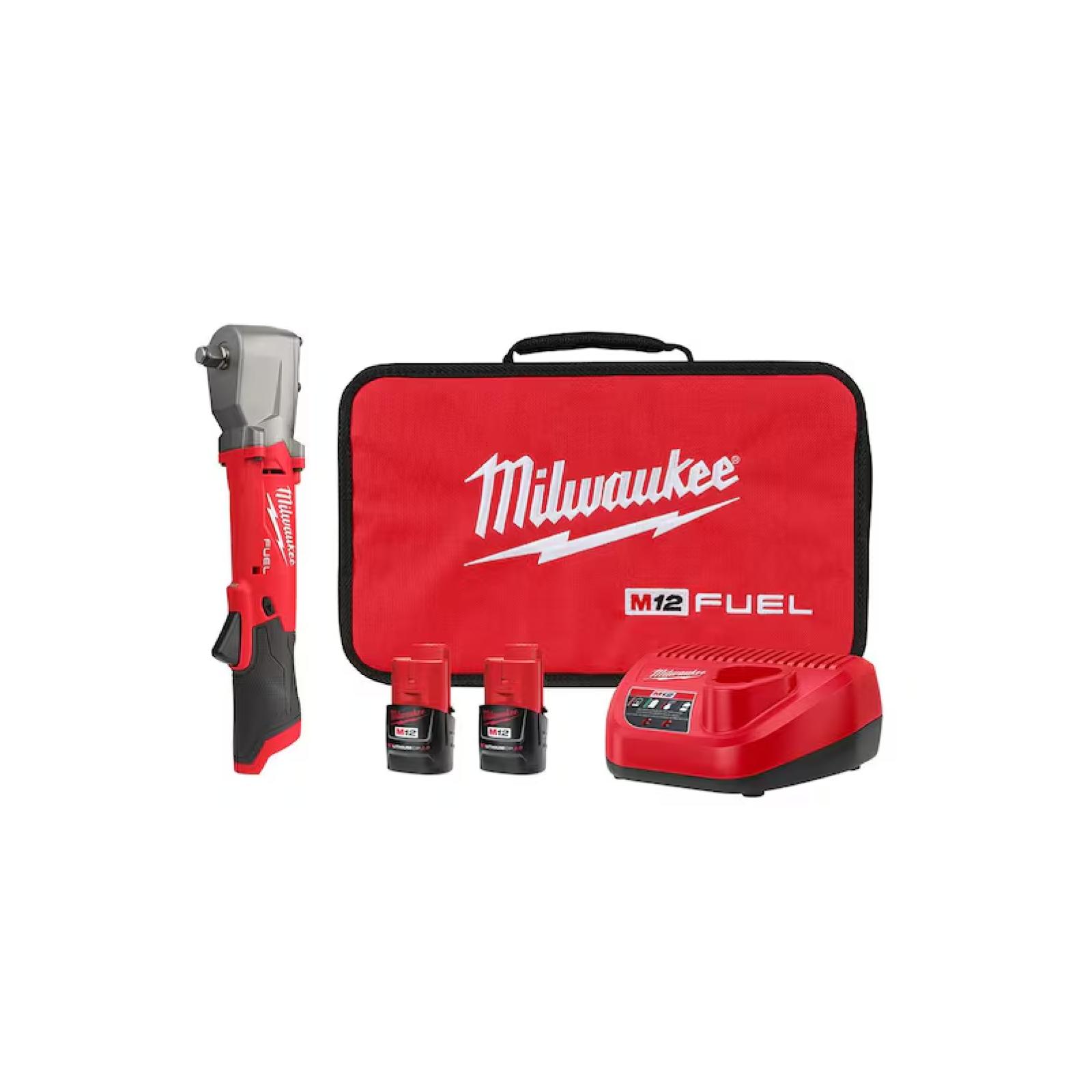 NEW! - Milwaukee M12 FUEL 12V Lithium-Ion Brushless Cordless 1/2 in. Right Angle Impact Wrench Kit with Two 2.0 Ah Batteries