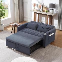 Phoenix NEW Harper & Bright Designs 55.9 in. Blue Gray Bella Fabric Twin Size Sofa Bed Convertible Loveseat Sofa with USB Ports  Cup Holders  Phone Holder