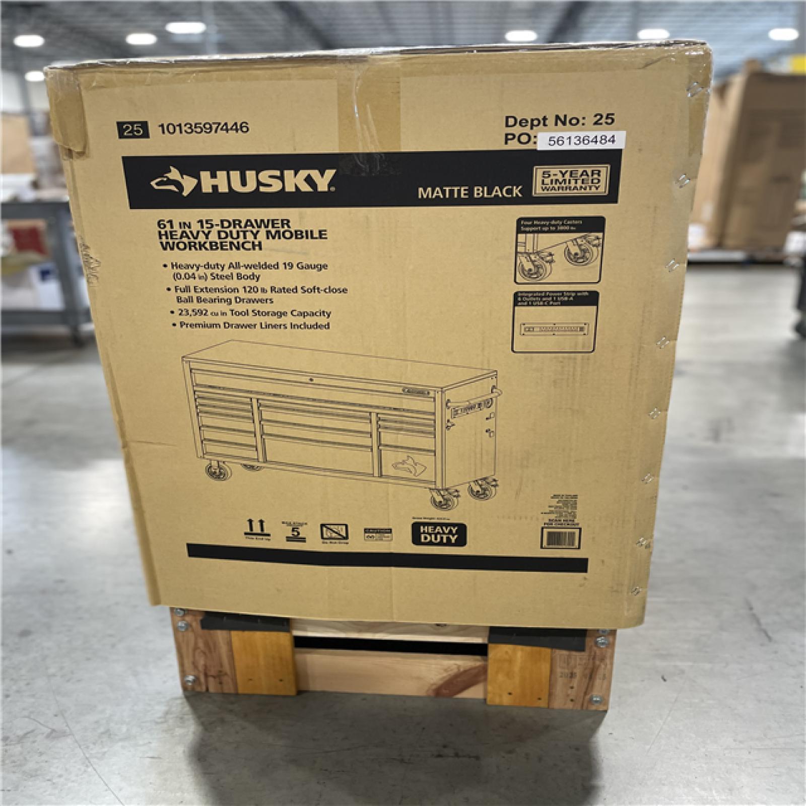 DALLAS LOCATION- AS-IS HUSKY Heavy Duty 61 in. W x 22 in. D 15-Drawer Matte Black/Wood top Workbench
