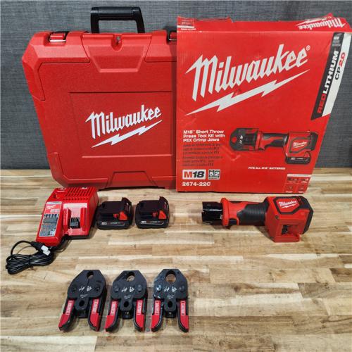HOUSTON LOCATION - AS-IS (APPEARS LIKE NEW) Milwaukee 18V Lithium-Ion Cordless Short Throw Press Tool with 3 PEX Crimp Jaws Kit