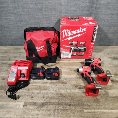 HOUSTON LOCATION - AS-IS Milwaukee M18 18V Lithium-Ion Brushless Cordless Compact Drill/Impact Combo Kit (2-Tool) W/(2) 2.0 Ah Batteries  Charger & Bag