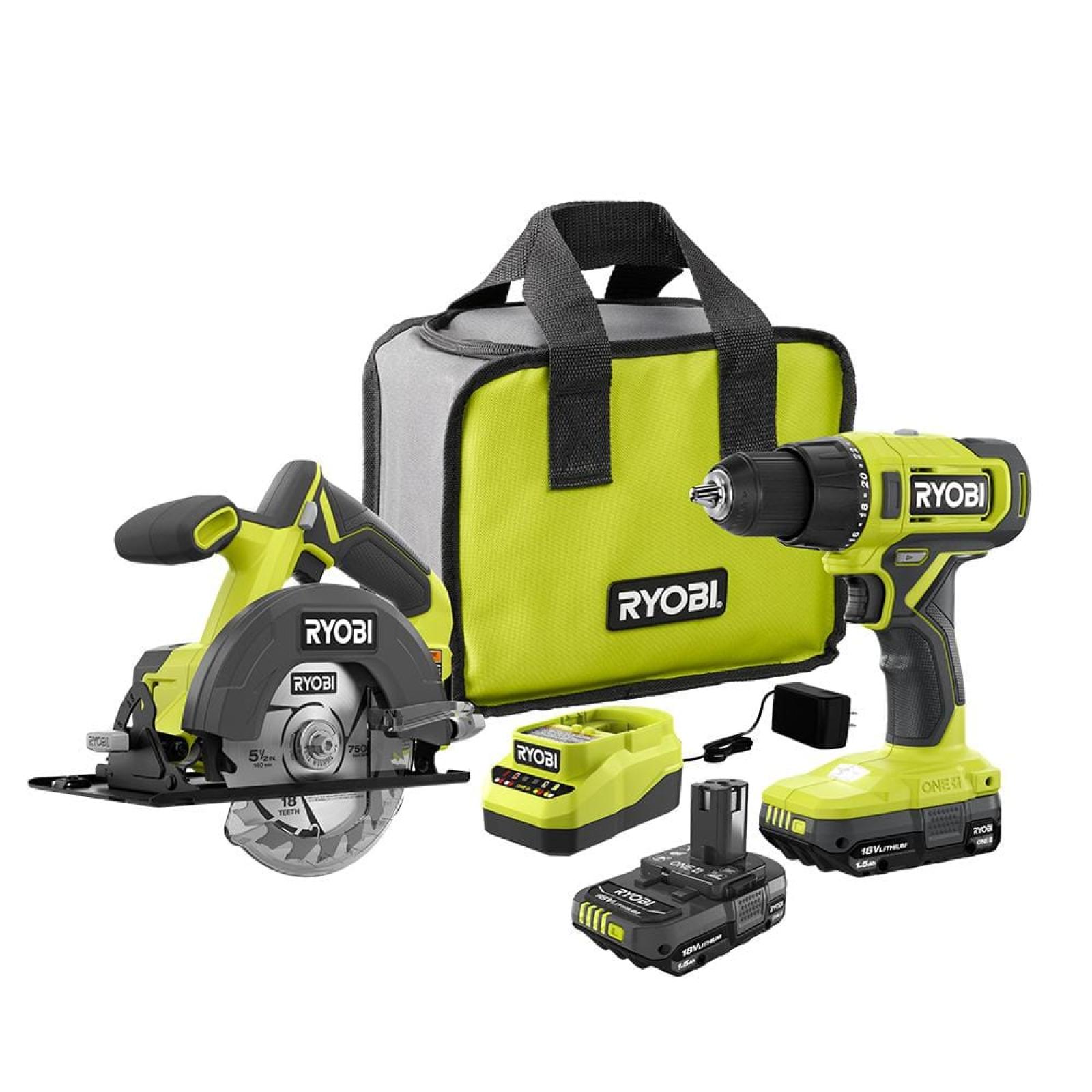 NEW! - RYOBI ONE+ 18V Cordless 2-Tool Combo Kit with Drill/Driver, Circular Saw, (2) 1.5 Ah Batteries, and Charger