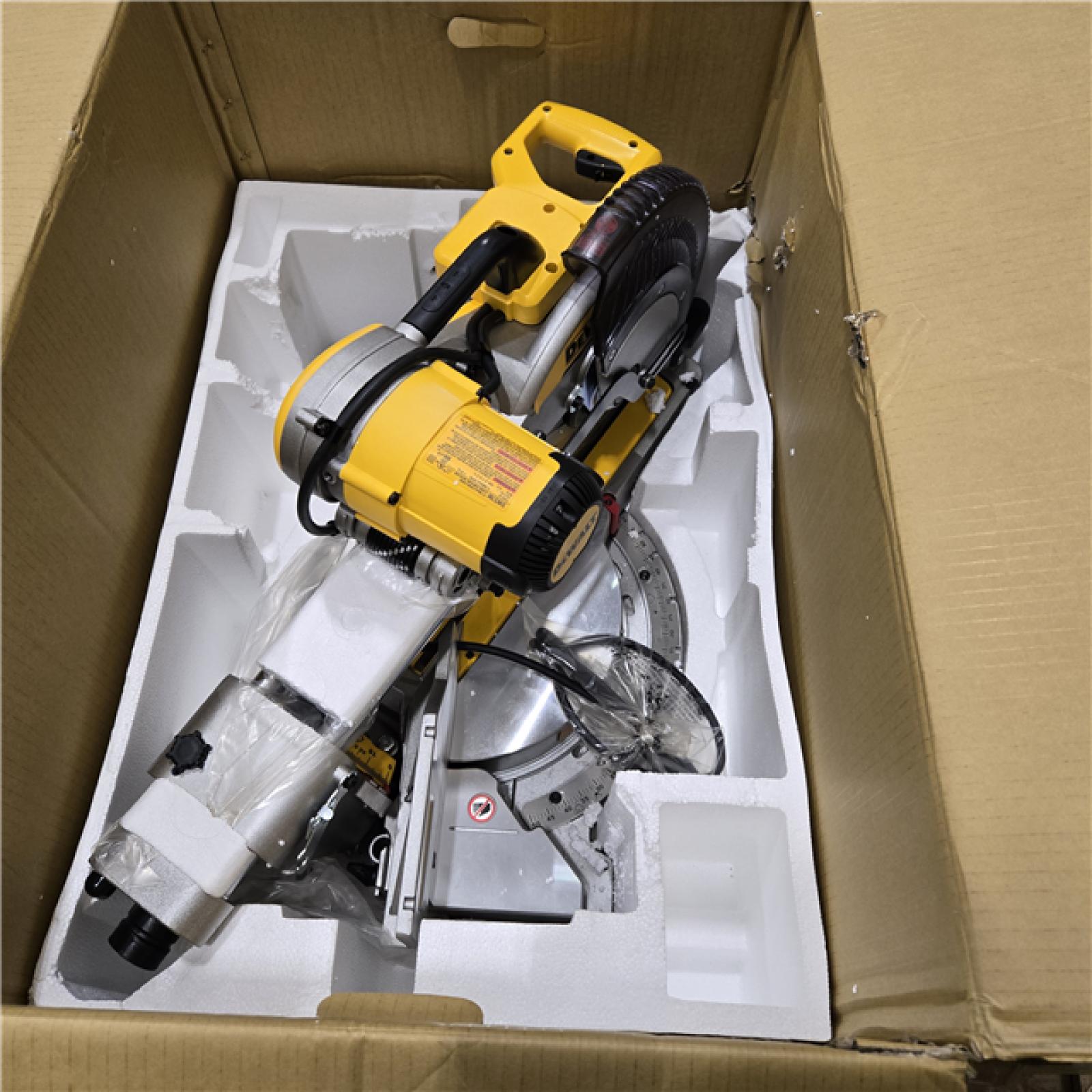 AS-IS DEWALT 15 Amp Corded 12 in. Double Bevel Sliding Compound Miter Saw with XPS Technology, Blade Wrench and Material Clamp