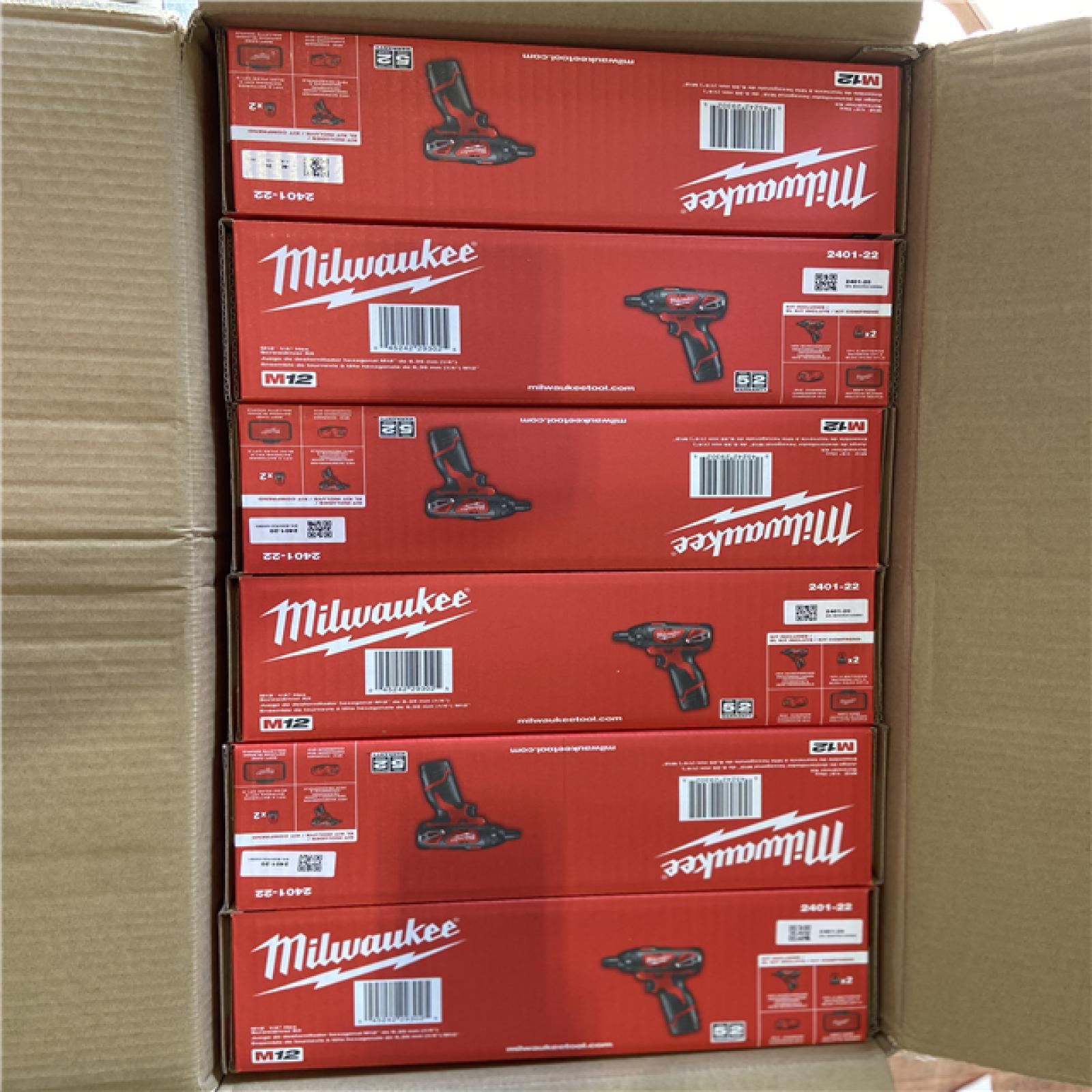 NEW! - Milwaukee M12 12V Lithium-Ion Cordless 1/4 in. Hex Screwdriver Kit with Two 1.5Ah Batteries  Charger and Tool Bag - 6 UNITS