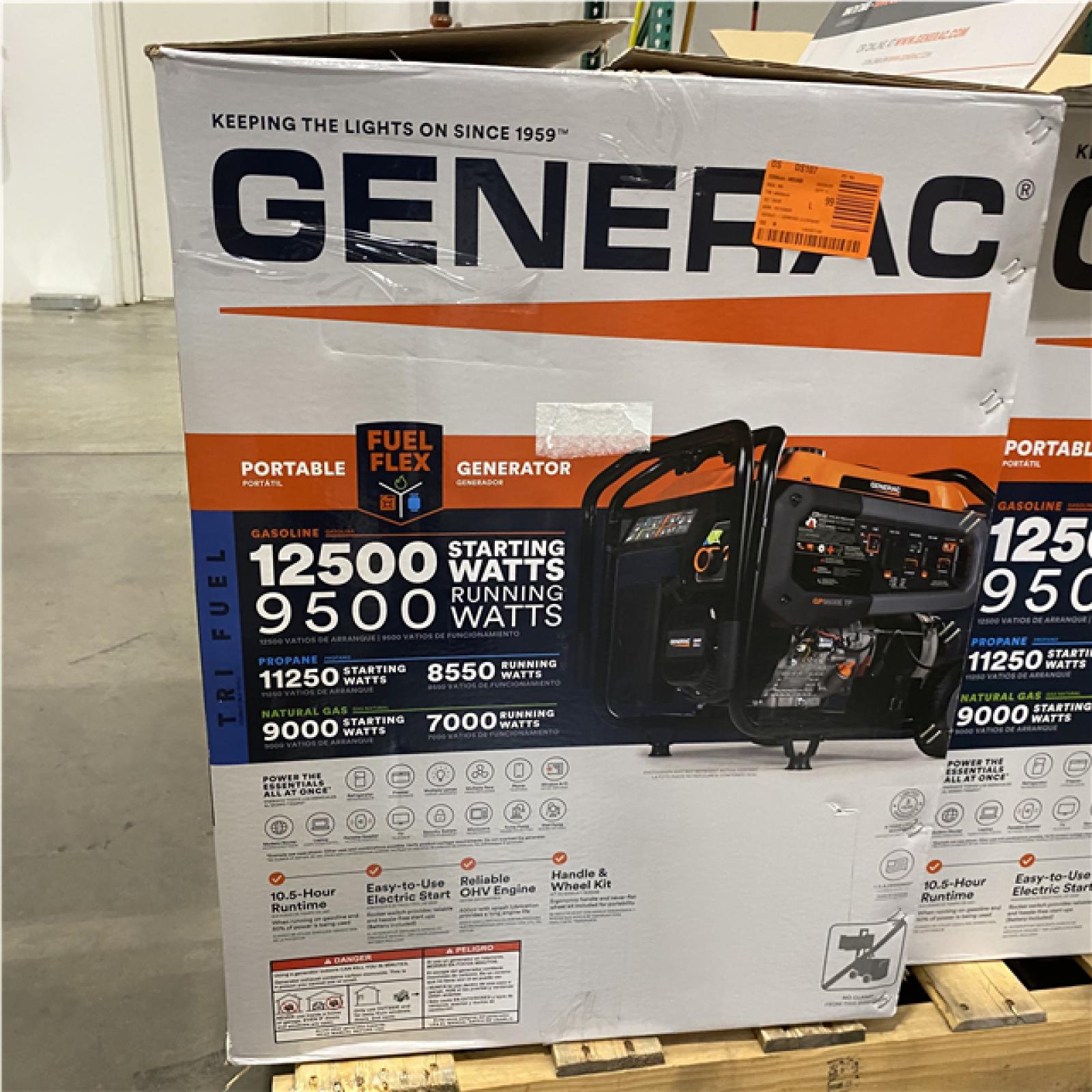 Dallas Location - As-Is  Generac Generac GP Series 9 500 Watt (120 / 240V) Electric Button / Recoil Start Tri-Fuel Portable Generator