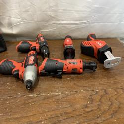 AS-IS MILWAUKEE M12 12V Lithium-Ion Cordless Combo Kit (5-Tool) with Two 1.5Ah Batteries, Charger & Tool Bag