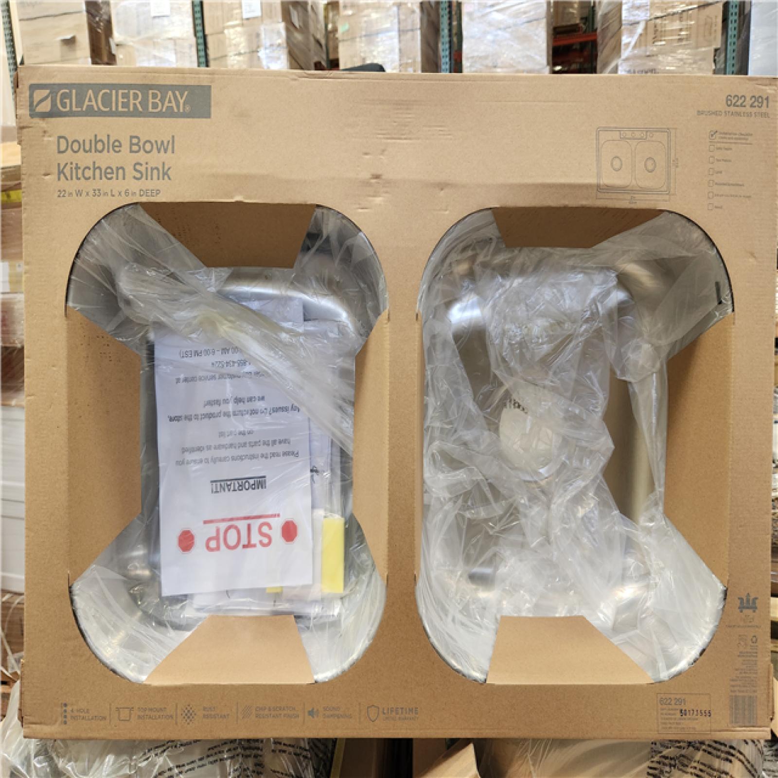 Phoenix Location NEW Glacier Bay 33 in. Drop-In 50/50 Double Bowl 22 Gauge Stainless Steel Kitchen Sink Pallet (56 Total)