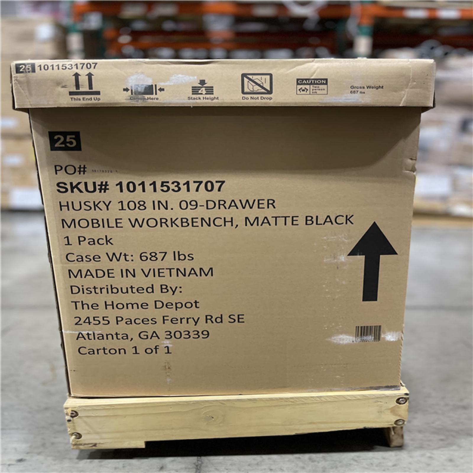 DALLAS LOCATION- AS IS- Husky 108 in. W x 24 in. D 9-Drawer Heavy-Duty Mobile Workbench with Stainless Steel Top in Matte Black