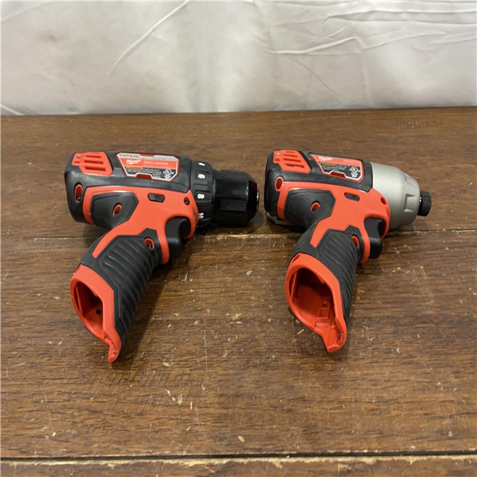 AS-IS Milwaukee 2494-22 M12 Cordless Combination 3/8  Drill / Driver and 1/4  Hex Impact Driver Dual Power Tool Kit (2 Lithium Ion Batteries  Charger  and B