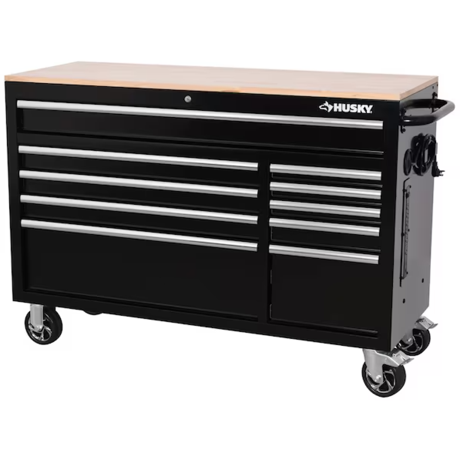 DALLAS LOCATION- AS-IS HUSKY 52 in. W x 20 in. 10 Drawer Mobile Workbench Gloss Black/Wood Top