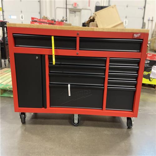 DALLAS LOCATION - Milwaukee 61 in. 11-Drawer/1-Door 22 in. D Mobile Workbench with Sliding Pegboard Back Wall in Red/Black