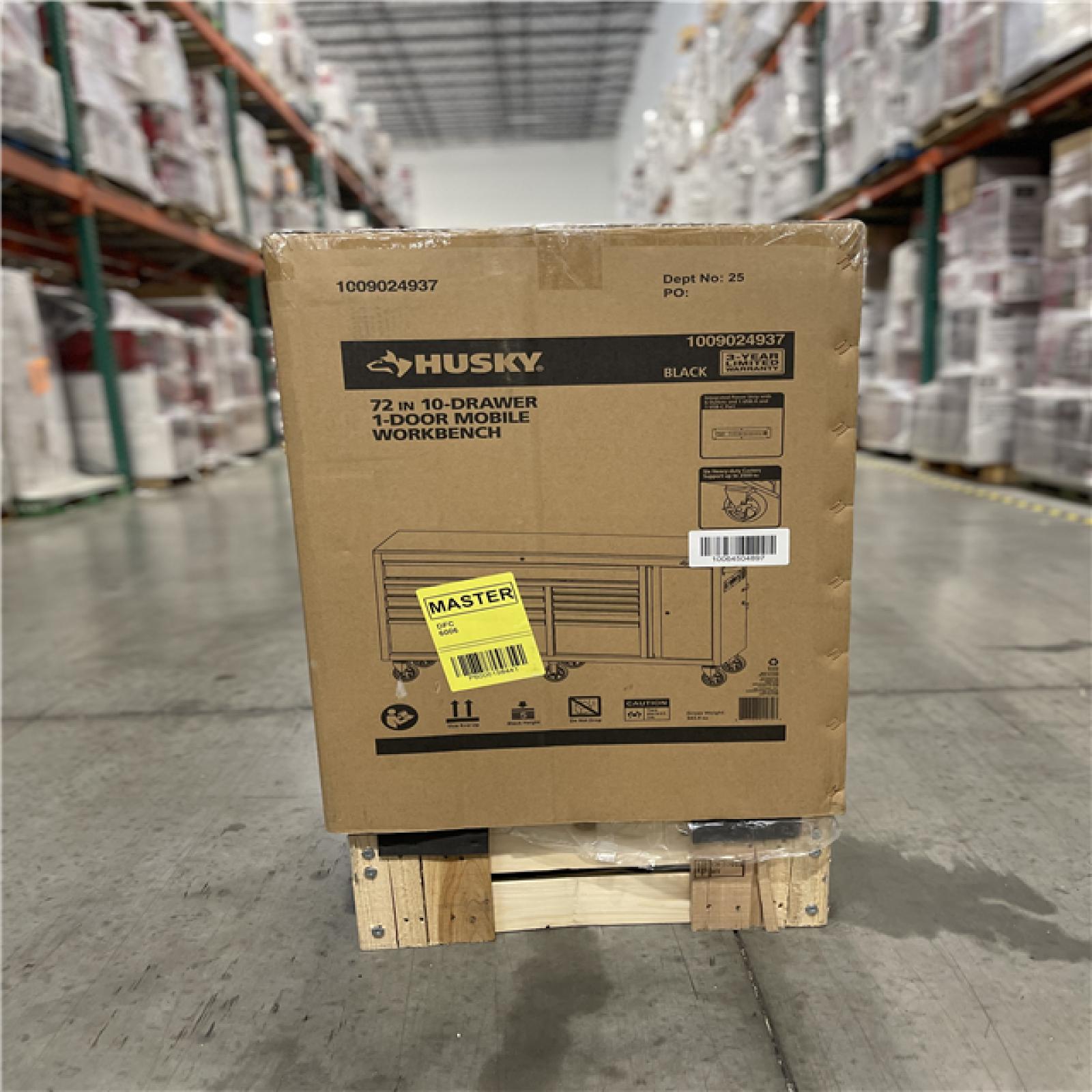 DALLAS LOCATION - Husky Standard Duty 72 in. W x 20 in. D 10-Drawer Black Mobile Workbench Cabinet with Solid Wood Top