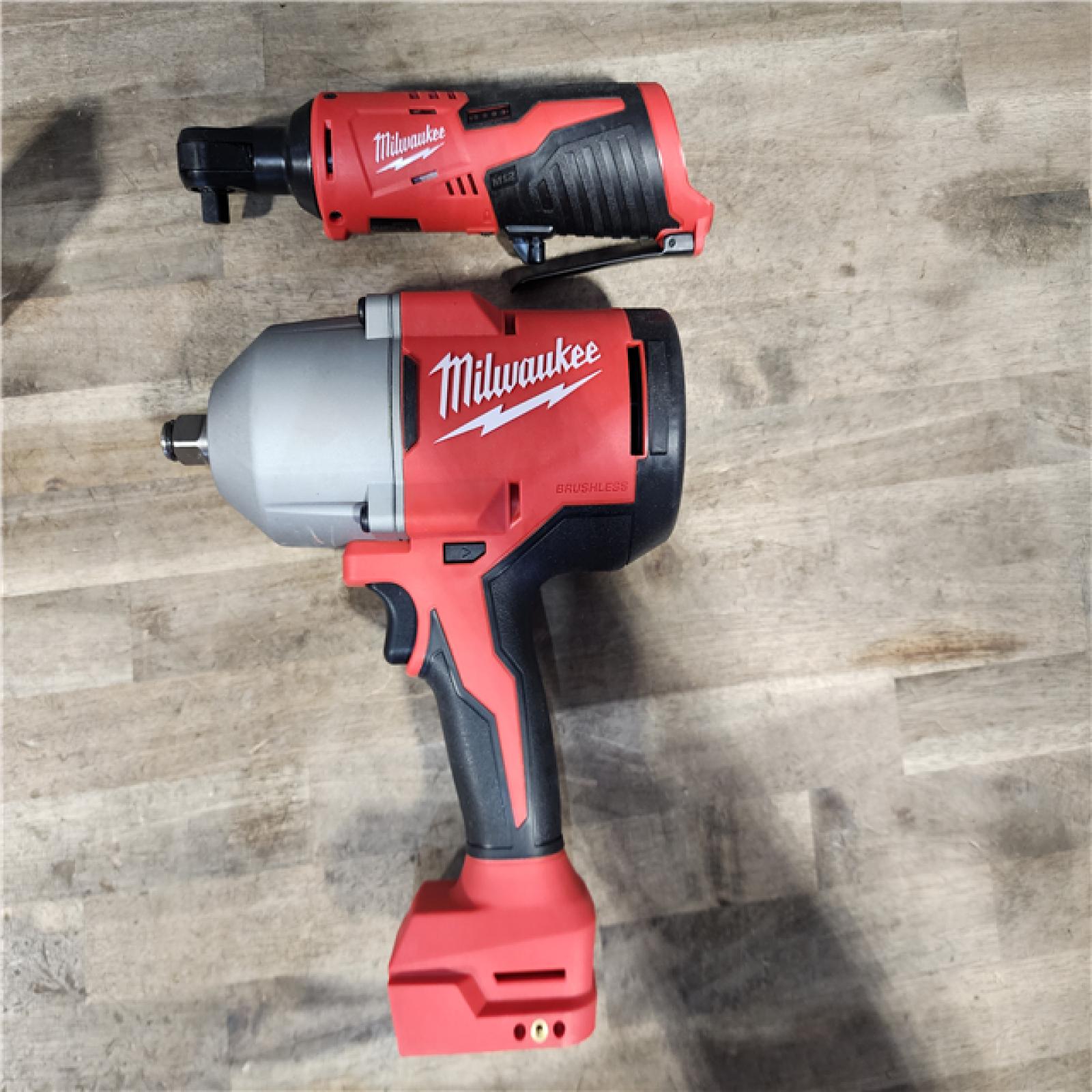 HOUSTON LOCATION - AS-IS Milwaukee M12/M18 12/18V Lithium-Ion Cordless 3/8 in. Ratchet and 1/2 in. High Torque Impact Wrench with Friction Ring Combo Kit
