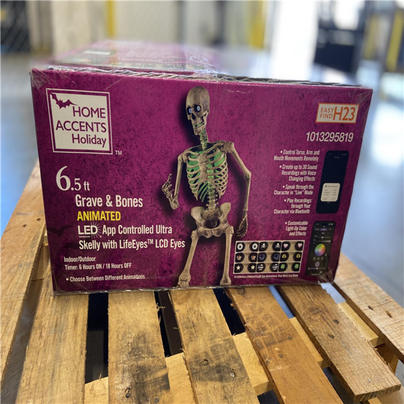 DALLAS LOCATION - Home Accents Holiday 6.5 ft. Grave & Bones Animated LED App Controlled Ultra Skelly with LifeEyes LCD Eyes H23
