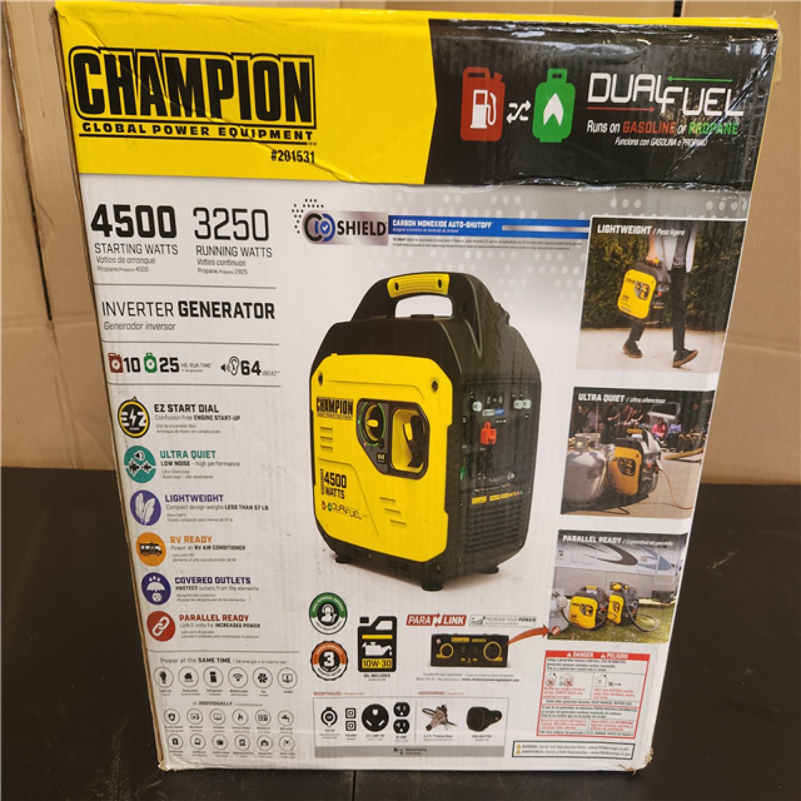 Phoenix Champion Power Equipment 4500/3250-Watt Recoil Start Gasoline/Propane Powered Dual Fuel Inverter Generator with Quiet Technology and CO Shield