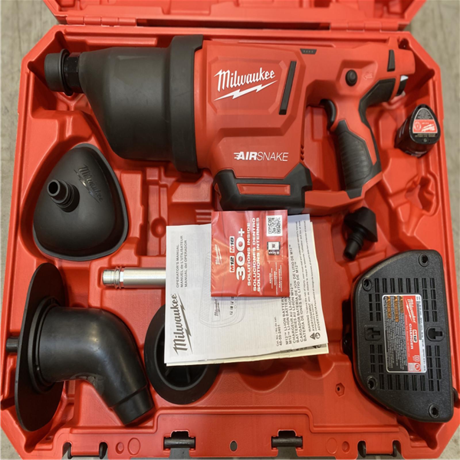 DALLAS LOCATION- Milwaukee M12 12-Volt Lithium-Ion Cordless Drain Cleaning Airsnake Air Gun Kit with (1) 2.0Ah Battery, Toilet Attachments