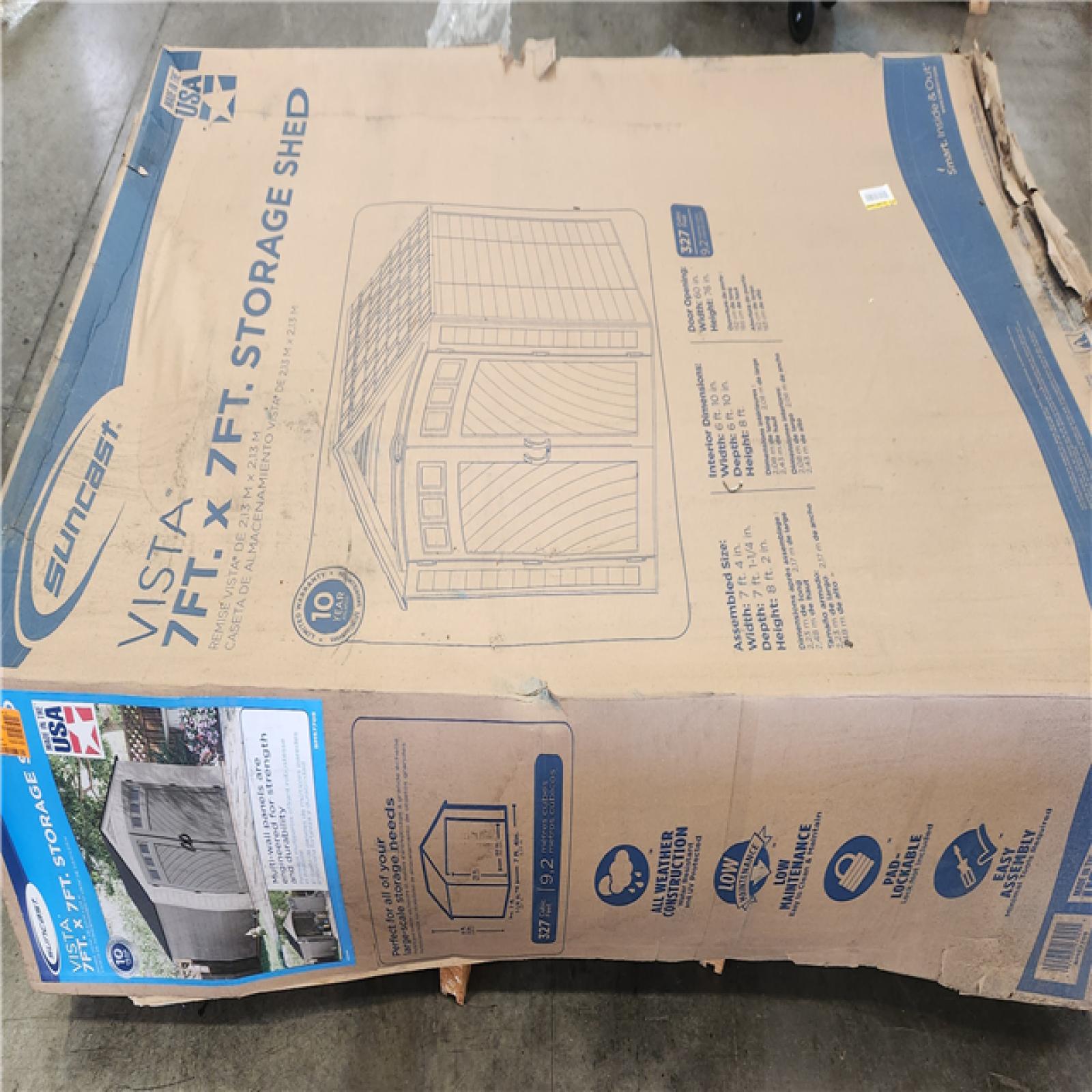 Phoenix AS-IS Suncast Vista 7 ft. W x 7 ft. D Plastic Resin Storage Shed with Floor (50 sq. ft.) in Colonnade (Beige)