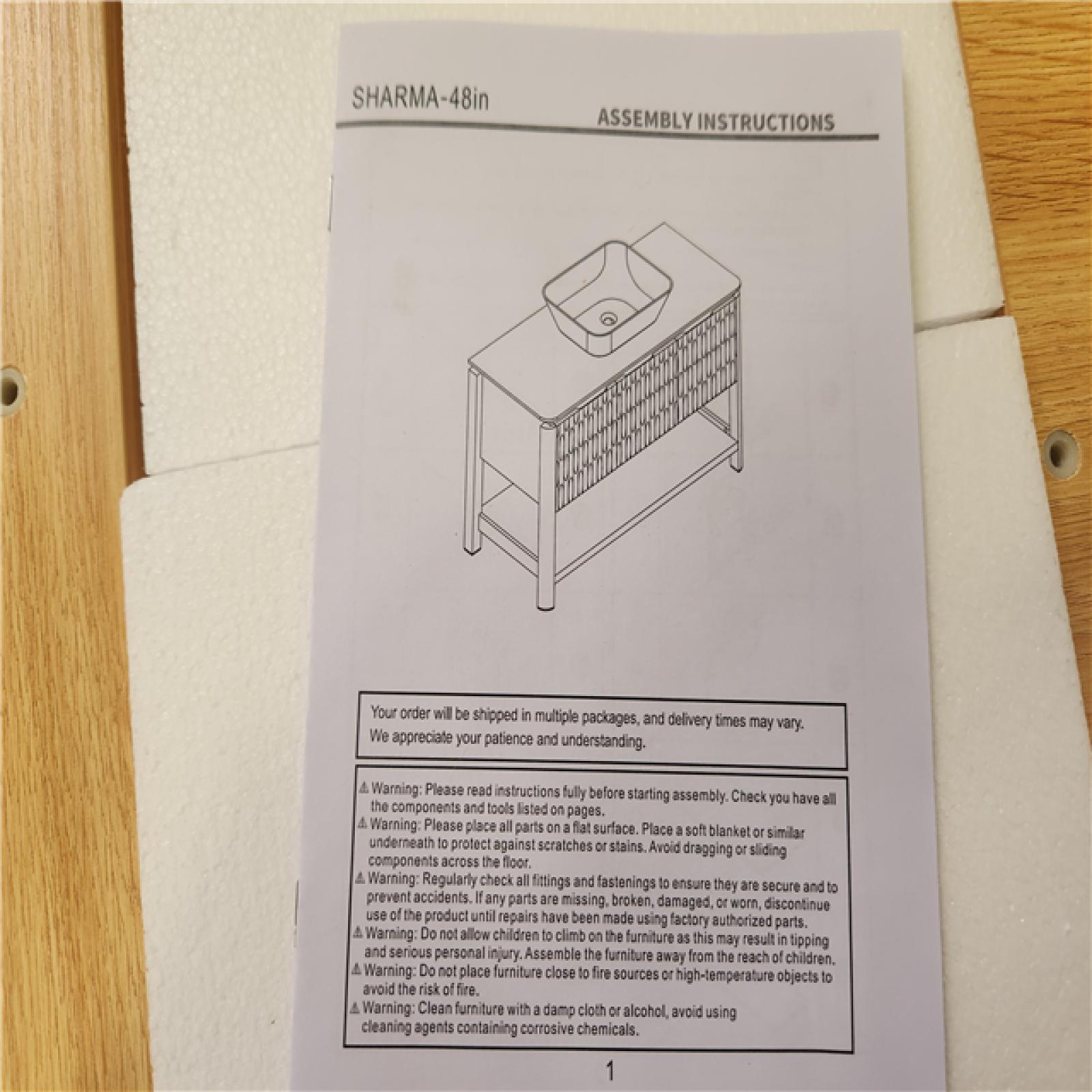 Phoenix NEW Yingze 48 in. Freestanding Single Sink Natural Bath Vanity with White Sintered Stone Top and Marble Pattern Vessel Basin