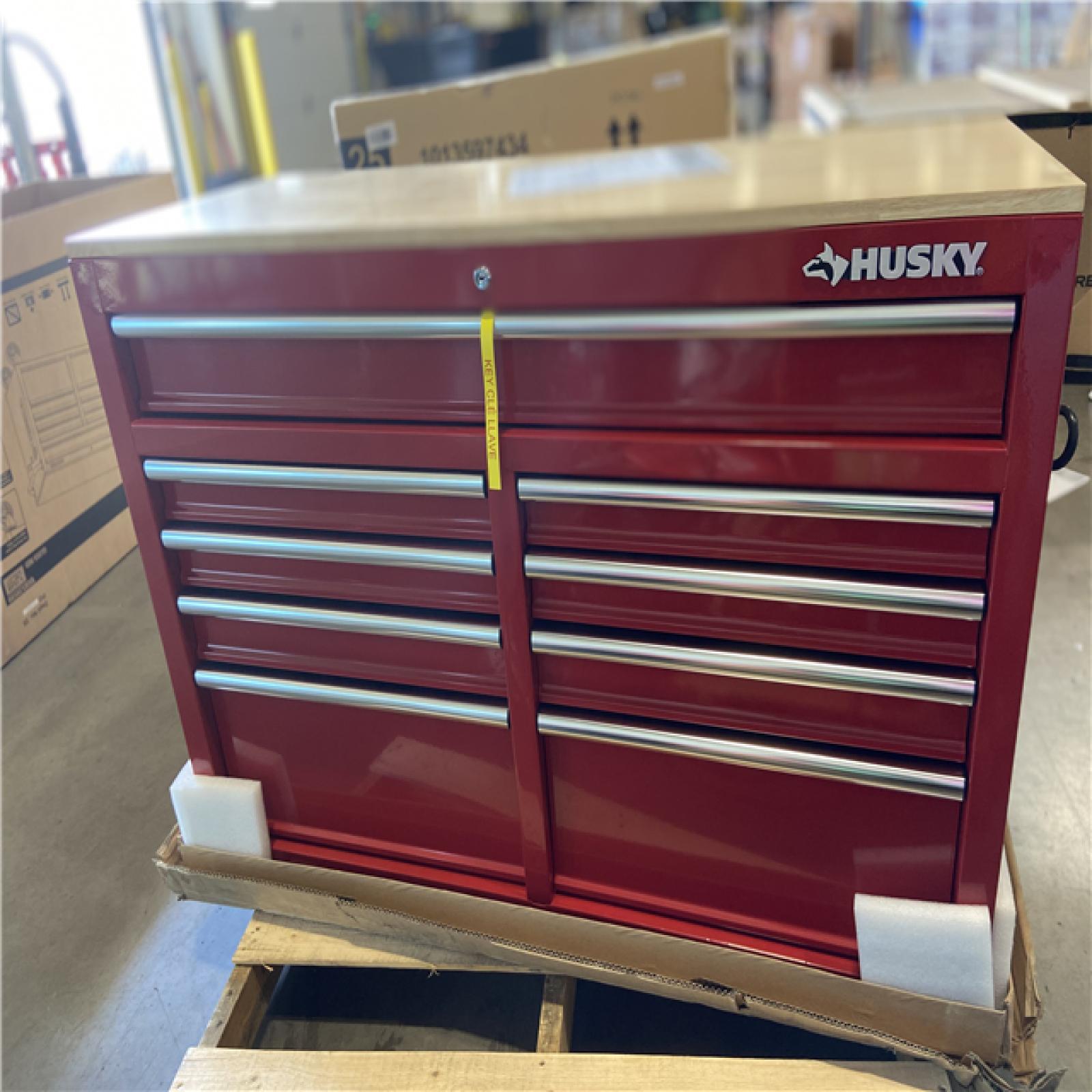 DALLAS LOCATION - Husky Tool Storage 46 in. W x 18 in. D 9-Drawer Gloss Red Mobile Workbench Cabinet