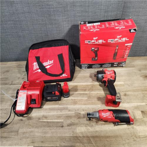 HOUSTON LOCATION - AS-IS (APPEARS LIKE NEW) M18 FUEL 18V Cordless Mid Torque 1/2 in. Impact Wrench W/ M12 FUEL 3/8 in. Ratchet & Battery/Charger Combo Kit