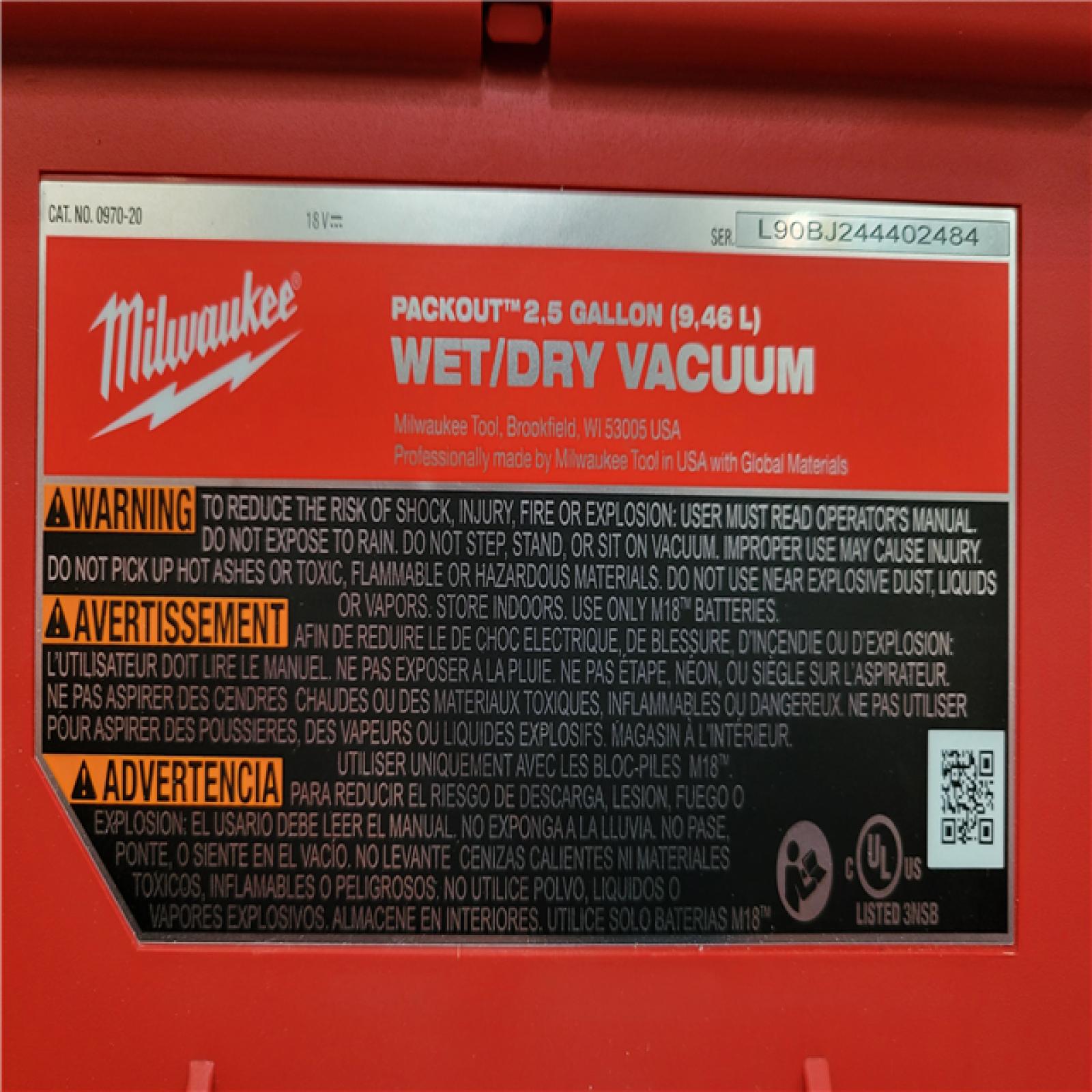 California AS-IS Milwaukee Wet/Dry Vacuum (Tool Only)