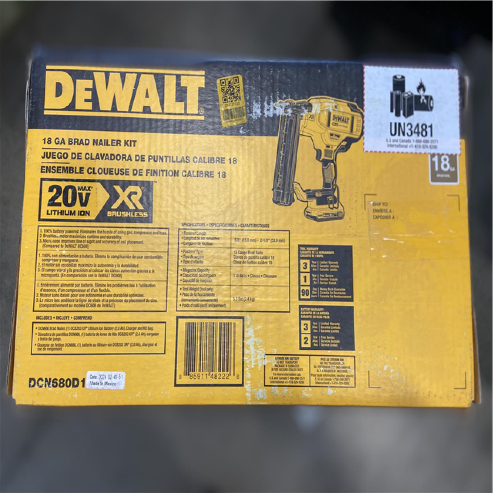NEW! - DEWALT 20V MAX XR Lithium-Ion 2-1/8 in. 18-Gauge Electric Cordless Brad Nailer Kit