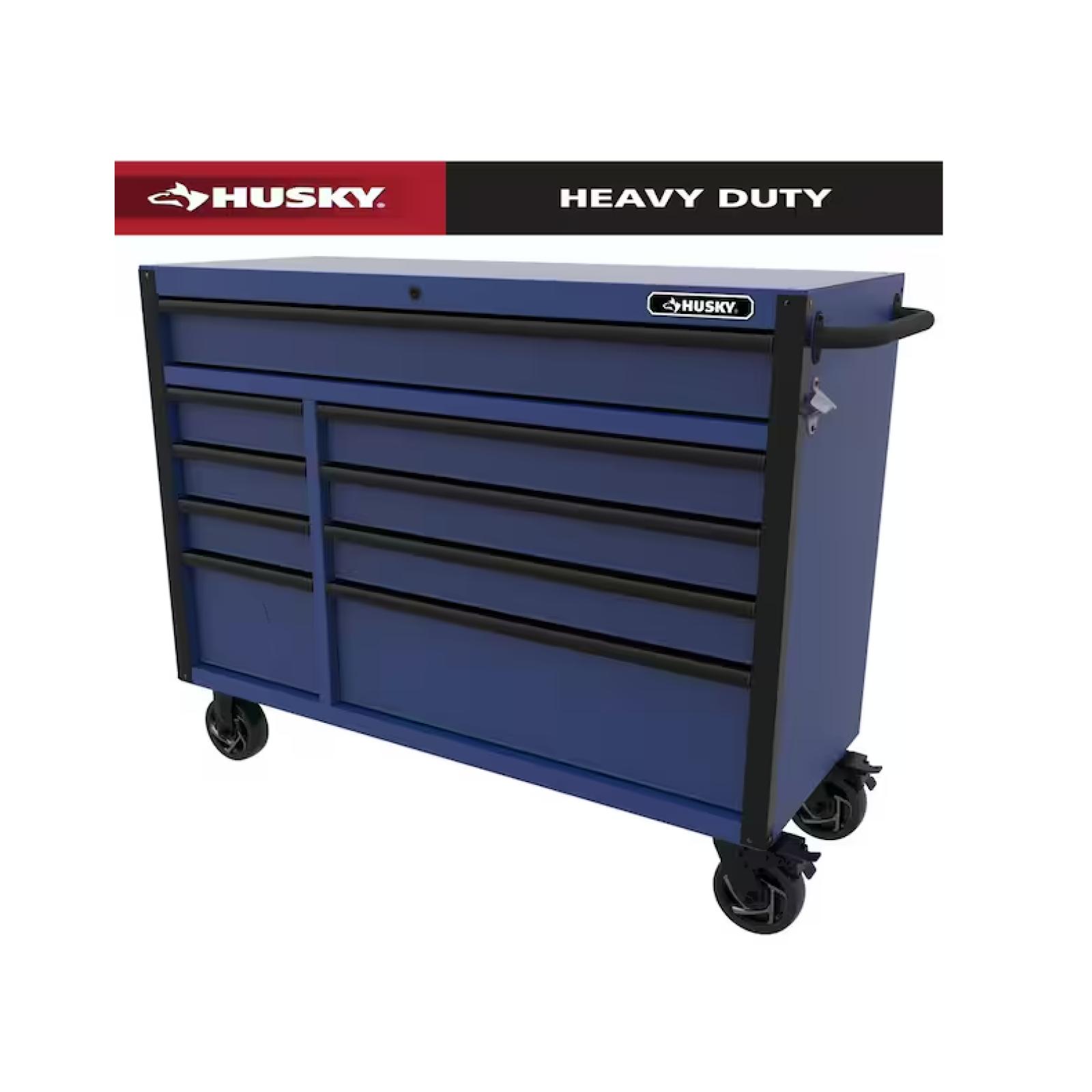 DALLAS LOCATION - Husky Heavy-Duty 52 in. W x 20 in. D 9-Drawer Matte Blue Rolling Tool Cabinet