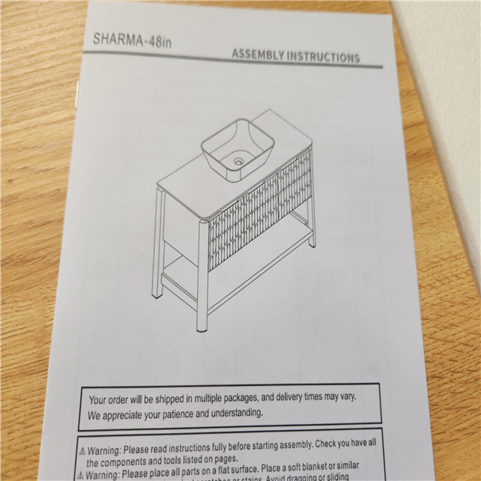 Phoenix NEW Yingze 48 in. Freestanding Single Sink Natural Bath Vanity with White Sintered Stone Top and Marble Pattern Vessel Basin