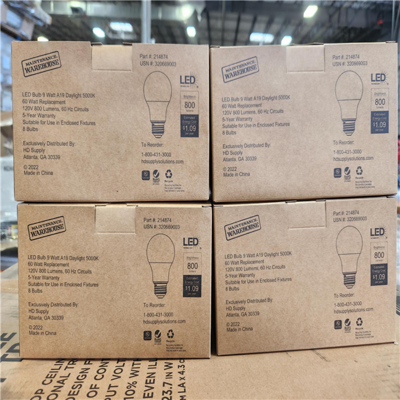 Phoenix Location NEW LED Bulb 9 Watt A19 Daylight 5000K 60 Watt Replacement 8 Bulbs/Pack, 4 Total Packs Pallet (121-Boxes)