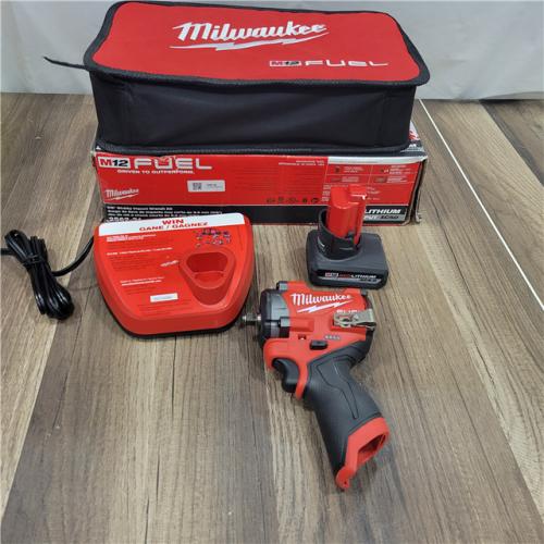 GOOD MILWAUKEE  M12 FUEL 12V Li-Ion Brushless Cordless Stubby 3/8 in. Impact Wrench Kit W/(1) 5.0 Ah High Output Battery