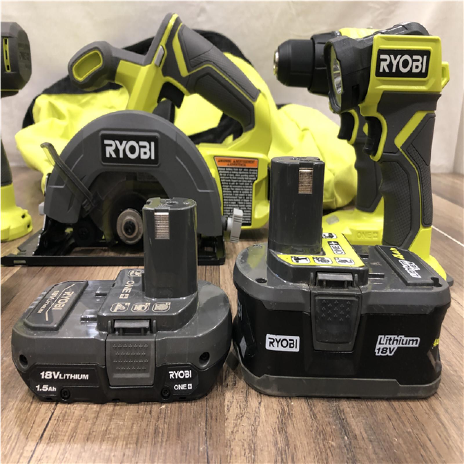 AS-IS RYOBI ONE+ 18V Cordless 4-Tool Combo Kit with 1.5 Ah Battery  4.0 Ah Battery  and Charger