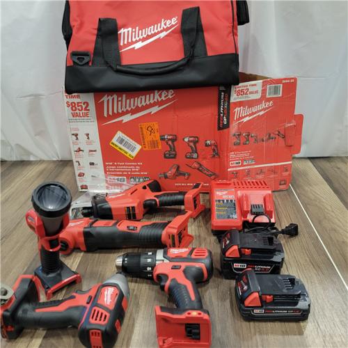 AS-IS Milwaukee M18 18V Lithium-Ion Cordless Combo Kit (5-Tool) with (2) Batteries, Charger and Tool Bag
